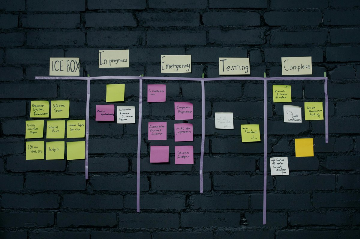 A kanban board of sticky notes on a dark brick wall — prioritizing use cases